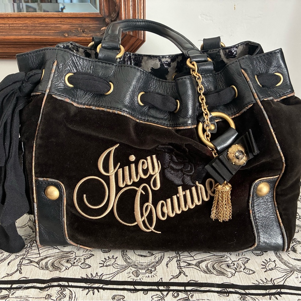 Juicy Couture Black Daydreamer Velvet Shoulder Bag with Gold Accents